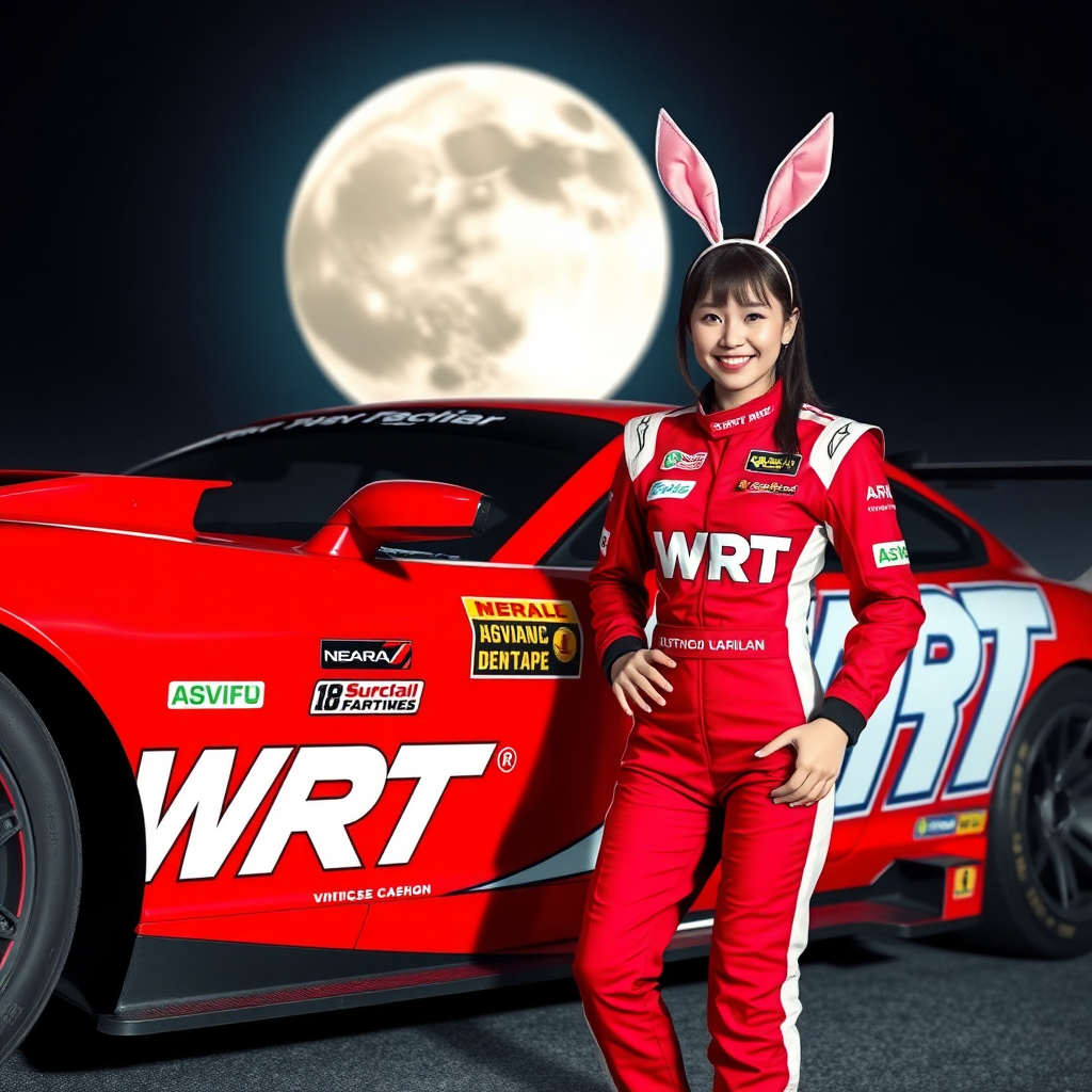 A red race car with the letters WRT on it, a Chinese beauty racer wearing bunny ears on her head, standing next to the car with a smile. Her racing suit also has WRT written on it, with a super large moon in the background.