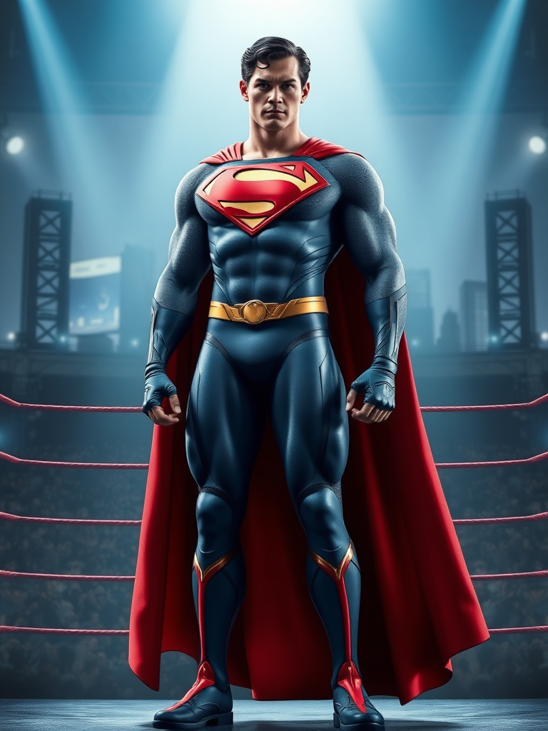 Create a full-length image of Superman with the female body traits of R Mika, retaining Superman's head and face. Emphasize the powerful, athletic torso, muscular legs, and dynamic stance. Incorporate R Mika’s physique: broad shoulders, defined musculature with a cinched waist, and strong, curvaceous hips. Keep Superman's iconic costume but add R Mika-inspired embellishments like ribbon accents and gloves. Background should blend Metropolis with a pro-wrestling ring, reflecting both characters' worlds. Highlight the blend of strength and elegance in the character's physique.