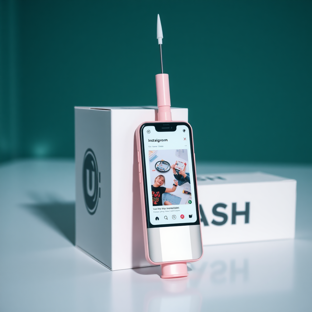 A close-up straight front view of a mobile phone in the shape inspired by a syringe, white pink futuristic, kept for sale leaning to a box with text Ashu and minimal design, in a showroom, metallic body, touchscreen phone with Instagram page open on screen, needle on top, whitepunk