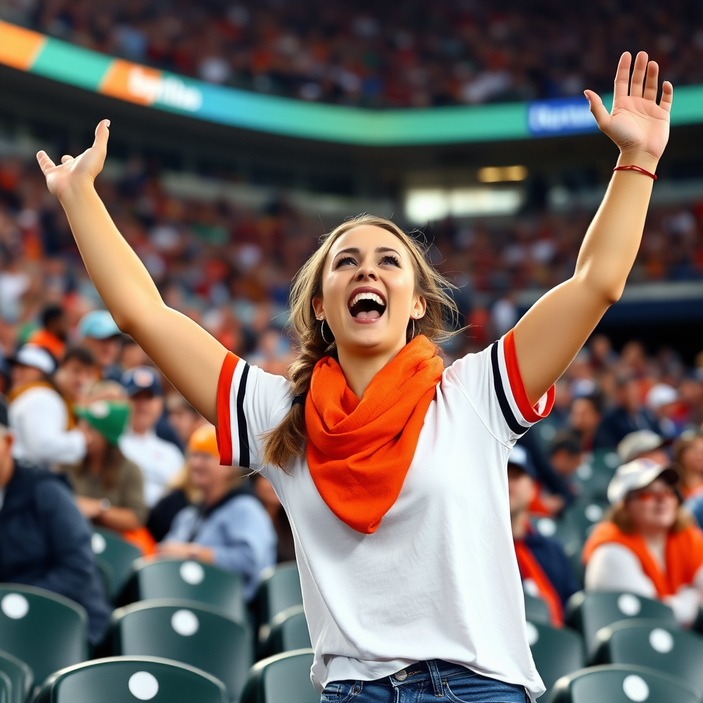 Attractive female NFL fan, pigtail hair, hollering, arms raised, jumping in crowded bleacher row, NFL stadium