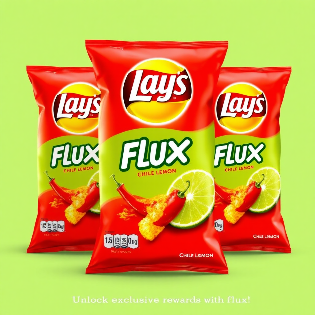 **Packaging Concept:**

A vibrant lime and chili-red color scheme dominates the packaging. The "Lay's" logo is prominently displayed, and the "Chile Limon" flavor is highlighted in bold lettering. A background image of a sizzling chili pepper and a refreshing lime slice adds visual interest.  Flux promotion, with a tagline like: "Experience the fiery heat of chili and the tangy zest of lime. Unlock exclusive rewards with Flux!"