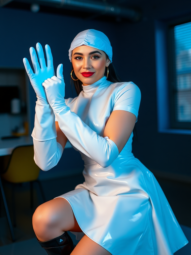 cute woman, cleaning rubber gloves, latex uniform, dress, shiny overknee platform boots