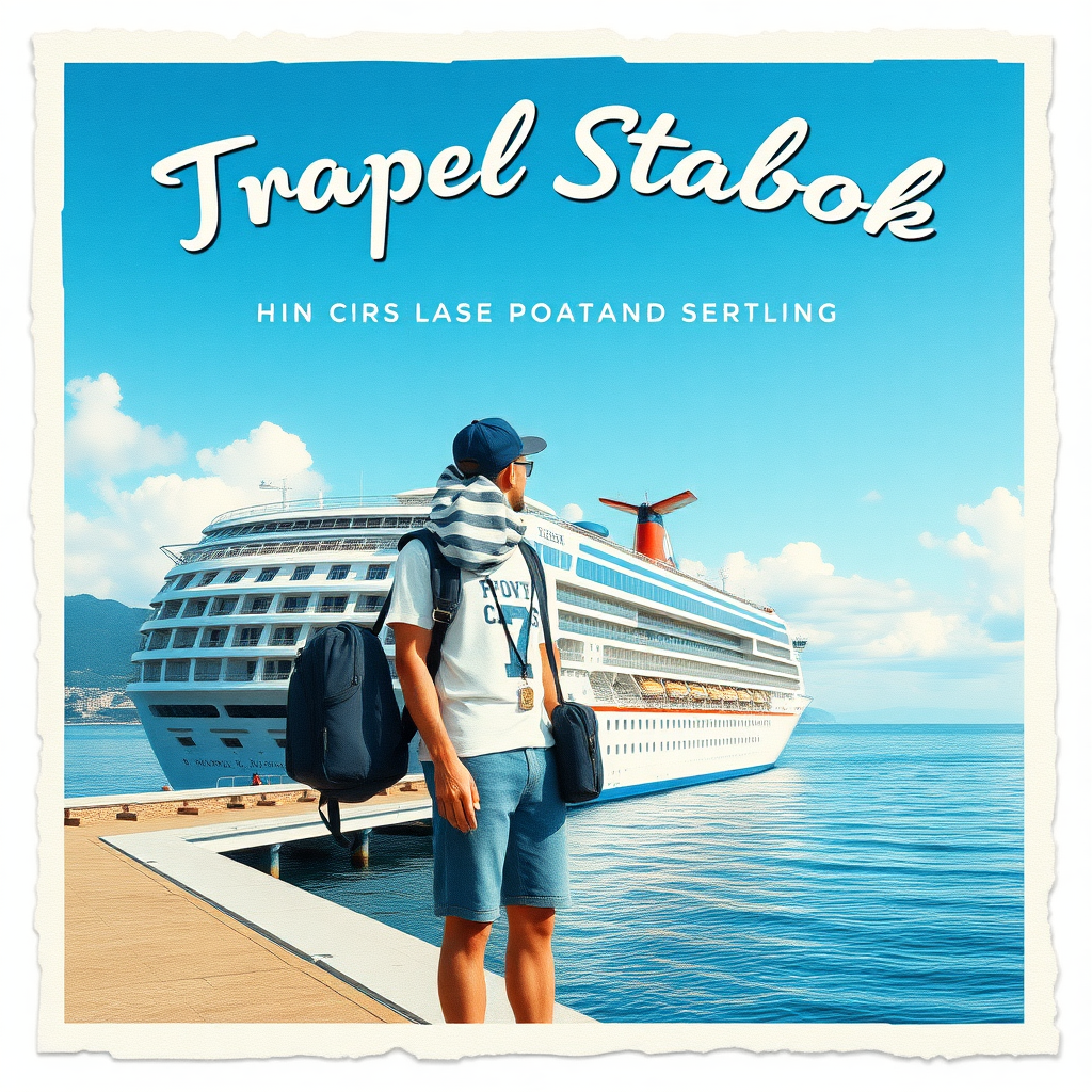 create a photo realistic image of a tourist travel scrapbook from his last cruise ship travels. Make the image rectangle and not square