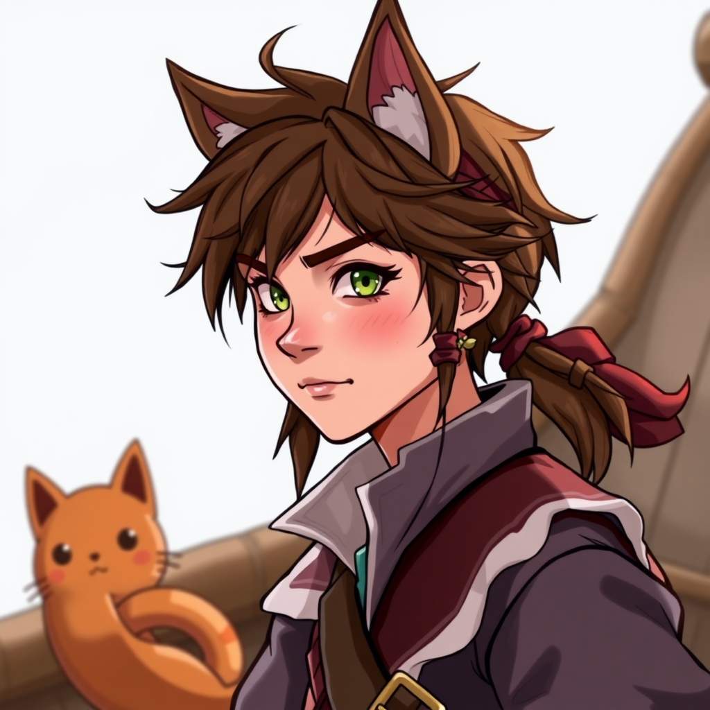 A teenage pirate with messy brown hair, cat ears, and an animated cat tail.