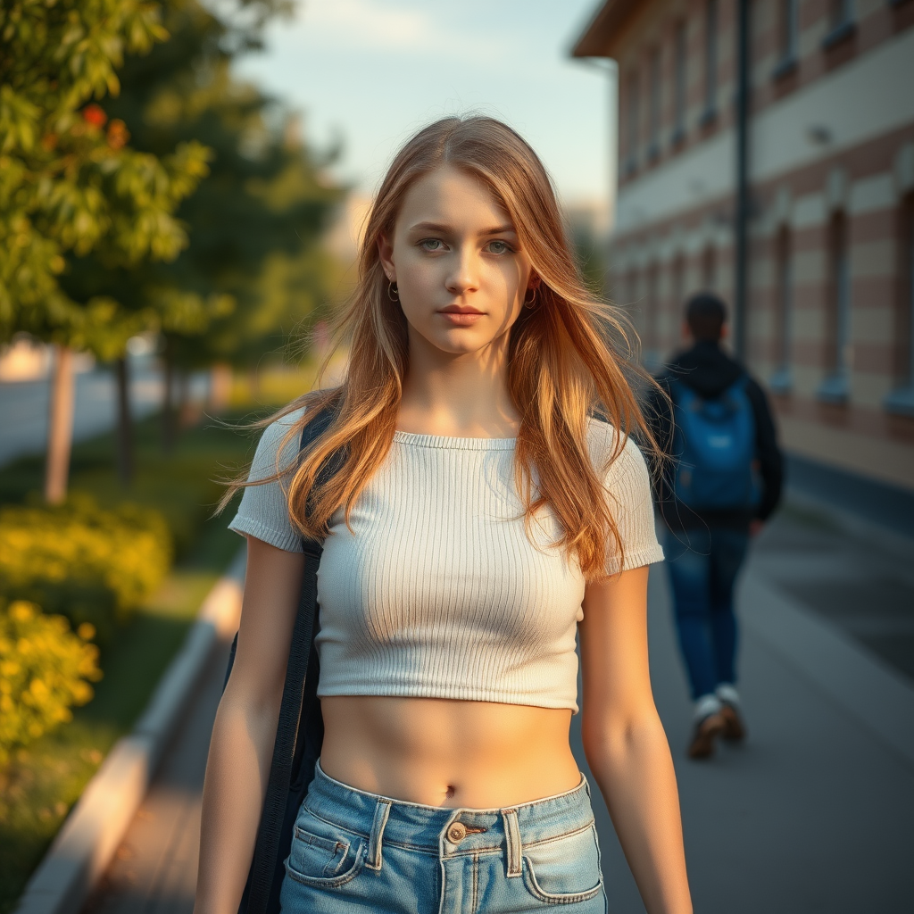 40mm, 4k textures, cinematic light, RAW photo, realistic details, photorealism, ((photorealistic)), Best quality, masterpiece, ultra high res, (photorealistic:1.4), raw photo, A high-resolution, A high-resolution, A high-resolution, realistic photograph, Ultra Realistic taken photo style image, Extremely good quality 4k image of a Russian 12 year old middle school petite extremely pretty girl with a crop top and beautiful skin, image of her and her body from head at least to her waist if not lower walking on a middle school campus