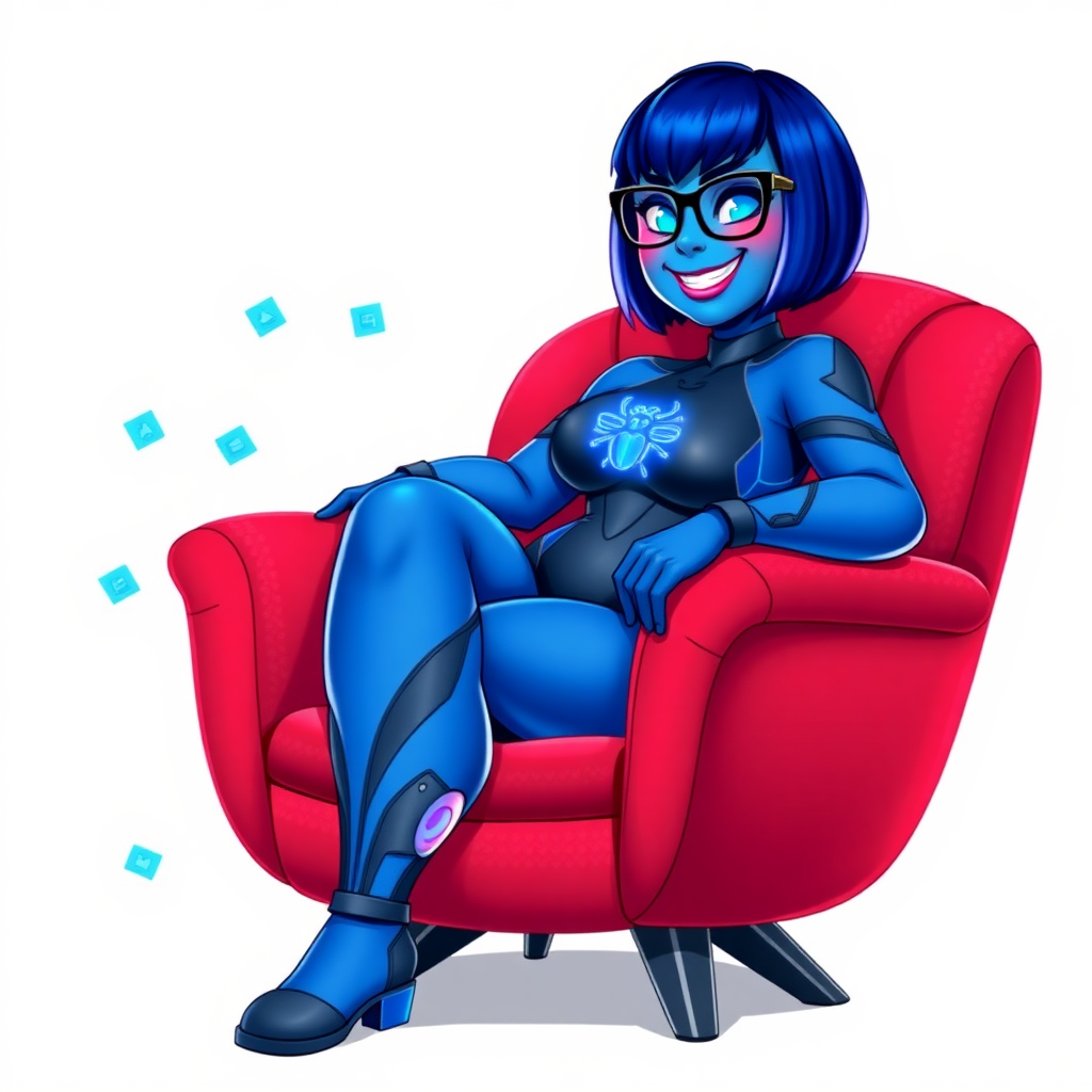 A heavily, extremely, and intensely pampered nerdy full-figured maximum blue skinned digital sidekick, a 28-year-old computer major, has been transformed by her doting vigilante boyfriend. Her striking blue skin and bob cut seamlessly integrate with her data, and her neon blue eyes glow with intelligence. Her physique, now showcasing a gargantuan round midsection, massive limbs, and broad shoulders, contrasted by a slim face, clearly reflects her indulgence and pampering. Her full figure is prominently highlighted, with her gargantuan, rounded midsection and massive limbs emphasizing her pampered status. As the loyal and supportive sidekick, she plays a crucial role in their missions, using her digital prowess to assist and protect.

She wears a digital, computerized maximum blue bodysuit blending with her hair and skin, featuring a glowing neon blue beetle chest icon and matching high-tech gloves. She bashfully giggles with a neon red blush, emitting neon blue data cubes from her body. Her full figure, now even more plump and heavily emphasized by her nerdy appearance, clearly shows how pampered she is. Her nerdiness is accentuated by her black oversized eyeglasses.

Her outfit, influenced by DC’s Jennifer Knight Phantom Lady, remains distinct. Adding to her pampering, she serves as his minicomputer, traveling in his high-tech wristwatch and supercar’s computer system. Using her ability to hack into computers and machines, she relays crucial knowledge relating to his missions.

In her new pose, she sits comfortably on a plush, high-tech chair with one leg crossed over the other, her oversized glasses slightly askew as she adjusts them with a bashful smile. Her relaxed posture and content expression, combined with the glowing data cubes around her, clearly reflect her status as a heavily pampered, nerdy digital sidekick. Her gargantuan, rounded midsection and massive limbs are prominently displayed, emphasizing her indulgence and pampering while maintaining her nerdy physique. She is on a solid white background. She is drawn as if she was in a retro 2D cyberpunk fighting game. Ensure her skin tone is distinct from Inside Out's Sadness and any other character.