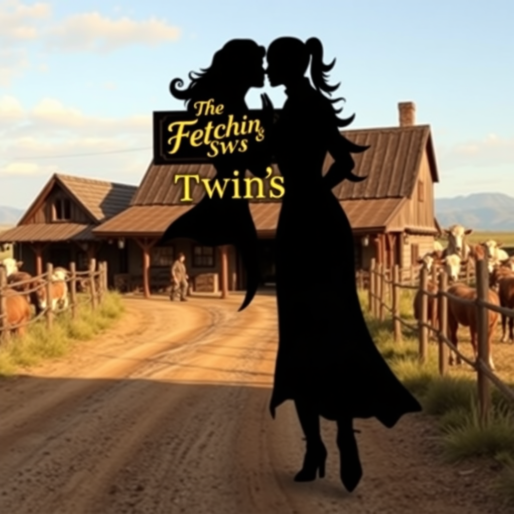 A wide distance shot of a female thief in a fantasy village. She is fleeing from someone. Dirt road, fences, livestock. Bar called "The Fetching Twins" sign (consisting of a silhouette of two women leaning together for a kiss).