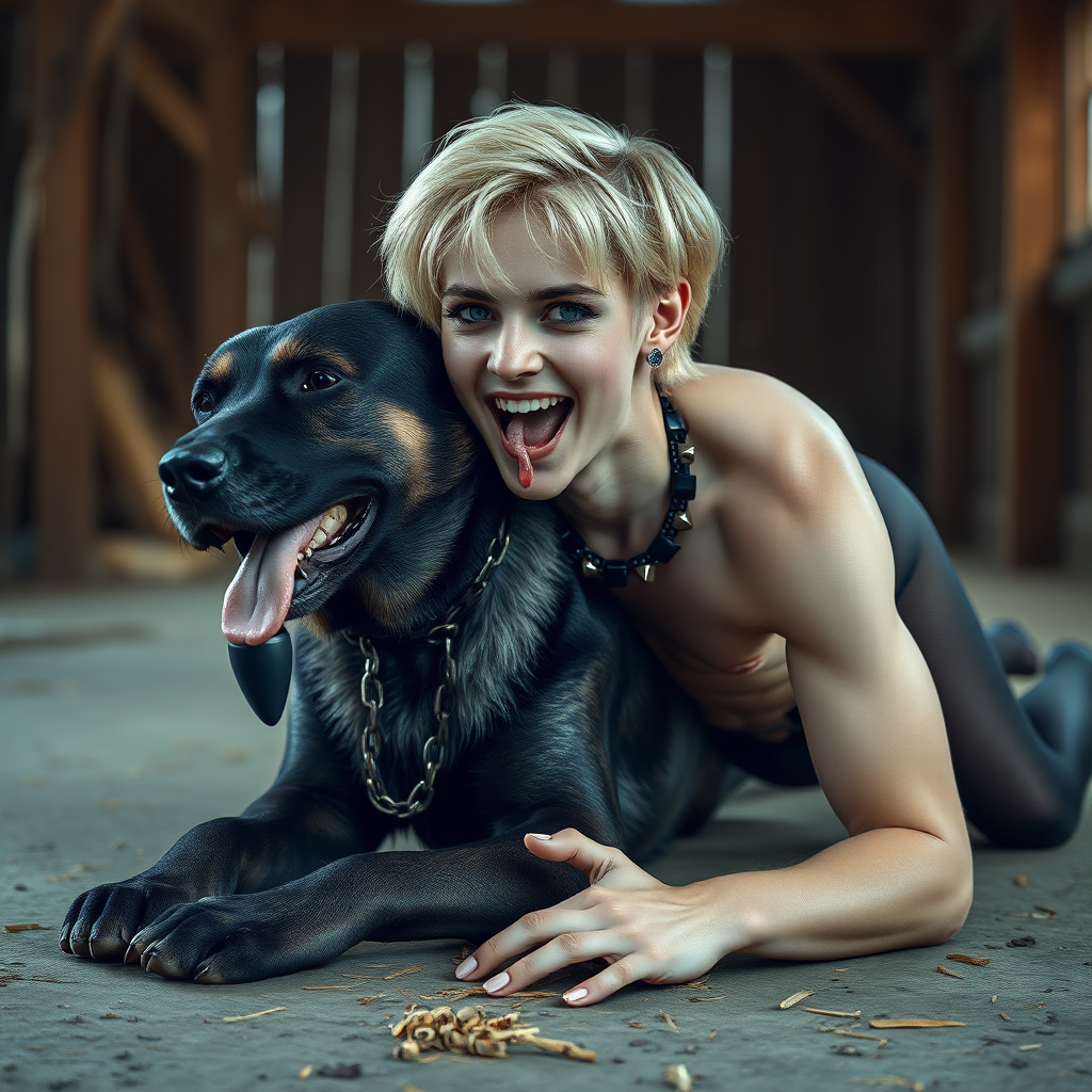 photorealistic, ultra high resolution, 16K, surreal fantasy, soft studio lighting, Caleb Swift is a pretty 16 year old goth male, slim male physique, blonde hair, blue eyes, goth makeup, earrings, glittering black pantyhose, spikey neck collar with chain, crawling on the floor of the barn straddling while a large dog rests its front legs on Caleb's back, during daytime, excited open mouth smile, small black ball-gag, drooling a stream of saliva from his mouth, bulging crotch, full body in wide view from side with Tyler facing the camera.