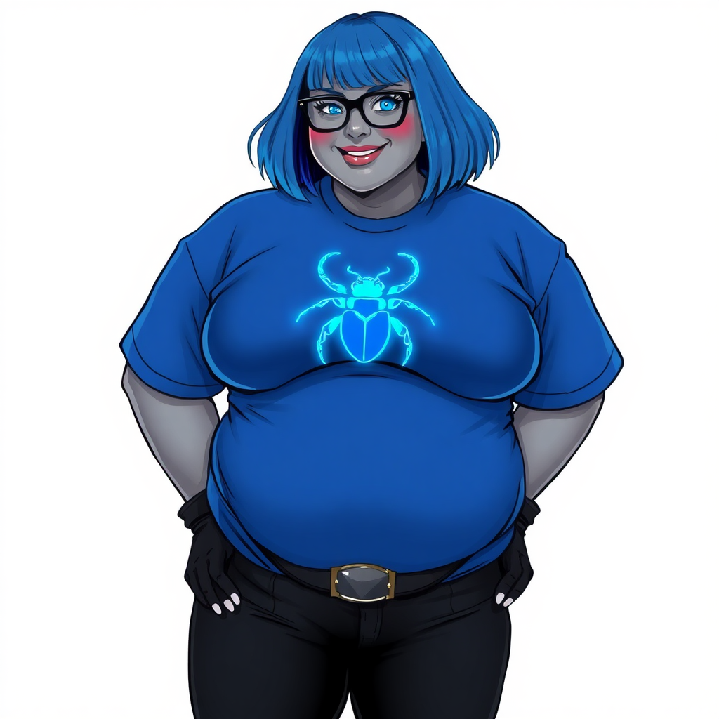 A 28-year-old, full-figured, metallic middle gray skinned computer program hybrid with a maximum blue bob cut. She has a non-athletic build, highlighted by a prominent, round, large midsection (with emphasis on her belly). As a digital sidekick, computer hacker, and nerdy girlfriend to her cyberpunk vigilante boyfriend, her middle gray metallic skin and maximum blue lipstick emphasize her digital nature. She wears a huge, tight-fitting, maximum blue t-shirt (accentuating her large belly) with a neon blue glowing chest icon of a beetle, black pants, a black belt with a sapphire scarab buckle, and black gloves. Her bright blue eyes, black eyeglasses, and lovestruck smile with neon red blush accentuate her nerdiness. She stands bashfully with her hands behind her back, her t-shirt covering her midsection (especially her large belly) and emphasizing her full-figured, non-athletic physique. She is on a solid white background. She is drawn as if she was in a retro 2D cyberpunk fighting game. She is clearly non-athletic, with a focus on her full-figured physique. Ensure her t-shirt covers her midsection (especially her large belly).