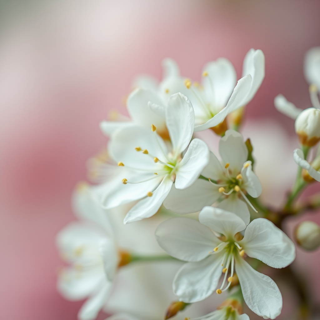 Delicate close-up of white flowers with soft green stamens, showcasing intricate details of petals and pollen. The background features a dreamy blurred gradient in shades of soft pink and muted green, enhancing the ethereal quality of the scene. The image captures a serene, hyperrealistic aesthetic, emphasizing the fragile beauty of nature and the intricate textures of the blossoms, creating a tranquil and inviting atmosphere.