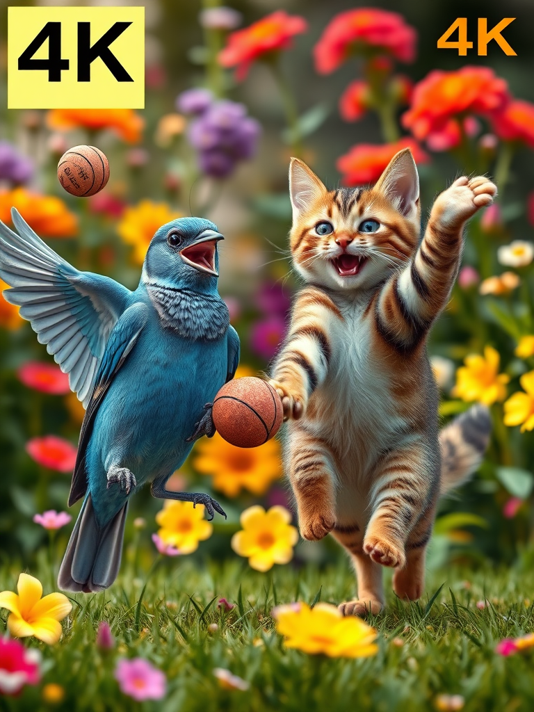 A realistic 4K scene depicting a Blue Bird joyfully holding a lost ball in its beak, having finally found it. Nearby, a Brown Cat is leaping with excitement, its expression filled with happiness. The colorful garden backdrop features vibrant flowers and lush greenery, capturing the celebration of their friendship and the thrill of the moment.