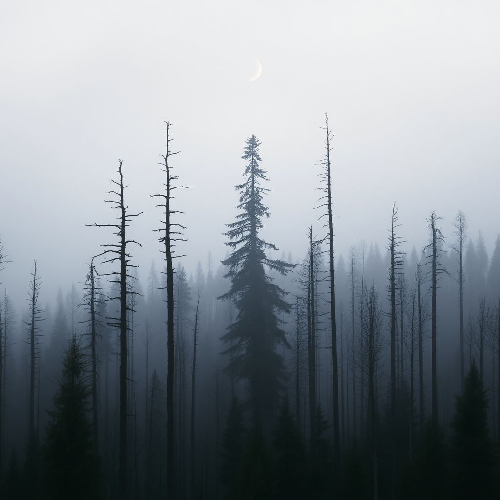 a photo of a foggy forest, by Kristian Zahrtmann, broken forests, eerie color, black fir, forest on the horizont, alien trees, destroyed forest, merging with tree in a forest, crescent moon, forested, barren, danila tkachenko, tall trees