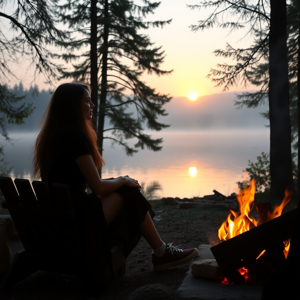 a young woman and her friend sitting at a fireplace on the shore of a lake. she has long brunette hair. she is wearing a dress and sneakers. she is looking at him with love. the sinking sun is falling through the trees. a little fog is rising from the lake. light like in fairy tale, a bit mystic. photo