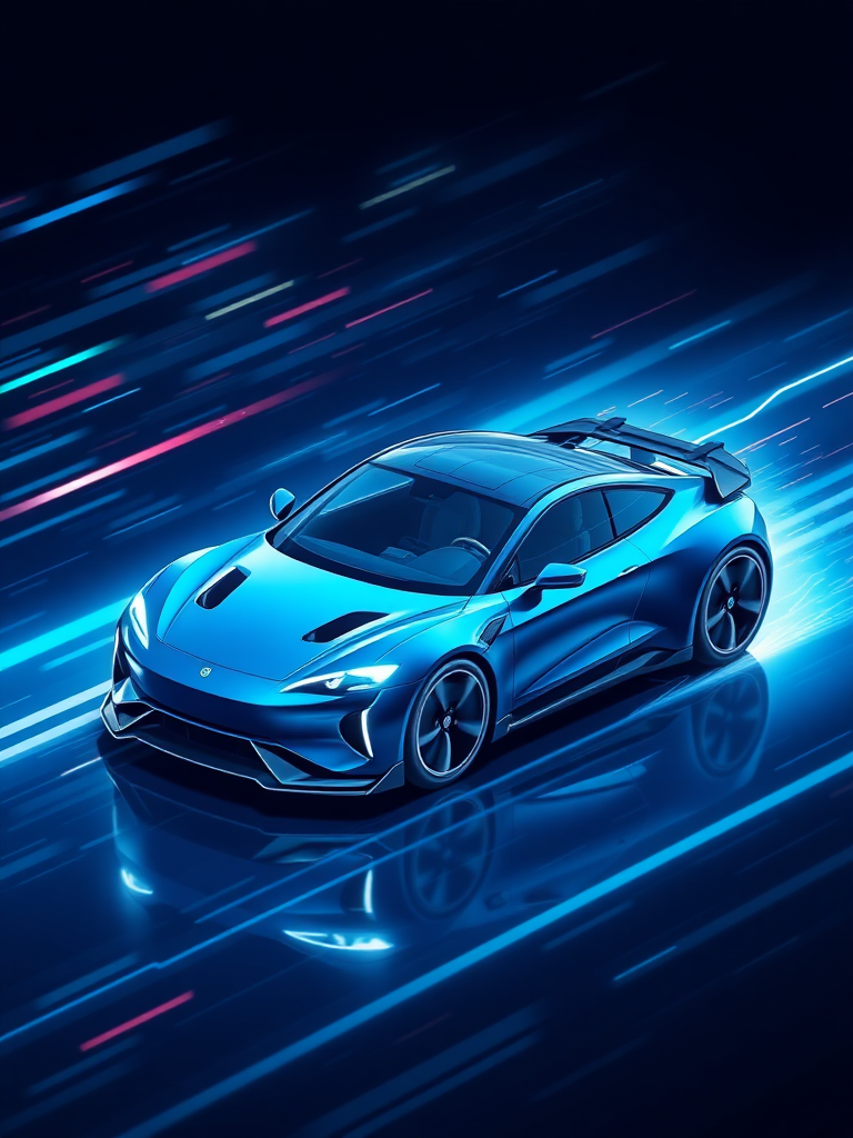 Please render a realistic 3D image of an electric car racing in cyberspace. Make the background cyber-like and express it with a sense of speed with "electric sparks". Make the overall color dark blue. Draw it in isometric view.