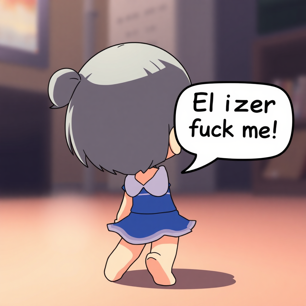 anime loli with speech bubble saying "Eliezer fuck me" (Spanish), open legs, backwards