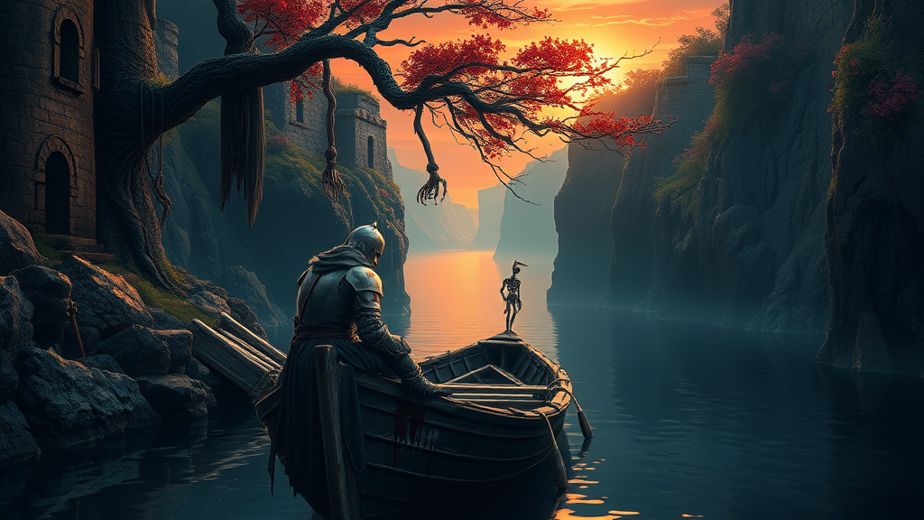 A solitary knight, his armor pockmarked and stained with crimson, leans against the bow of a small, rickety boat, shrouded in a somber light. He is surrounded by the grandeur of nature, as if he's been swallowed by its silent power. The river, a narrow waterway winding its way between towering cliffs, reflects the hues of the setting sun – a spectacle painted in shades of fiery orange and deep purple. The walls of the cliffs are a tapestry of nature's resilience, with ancient ruins crumbling and covered in vibrant foliage and vines. Skeletons of fallen warriors, their once-mighty armors now rusted and decaying, hang precariously from the branches of ancient trees, adding to the oppressive silence of the scene. The cliffs gradually open, revealing a glimpse of the vast ocean, its water a mirror of the sky ablaze with the dying light of the sun, offering both a sense of hope and isolation.