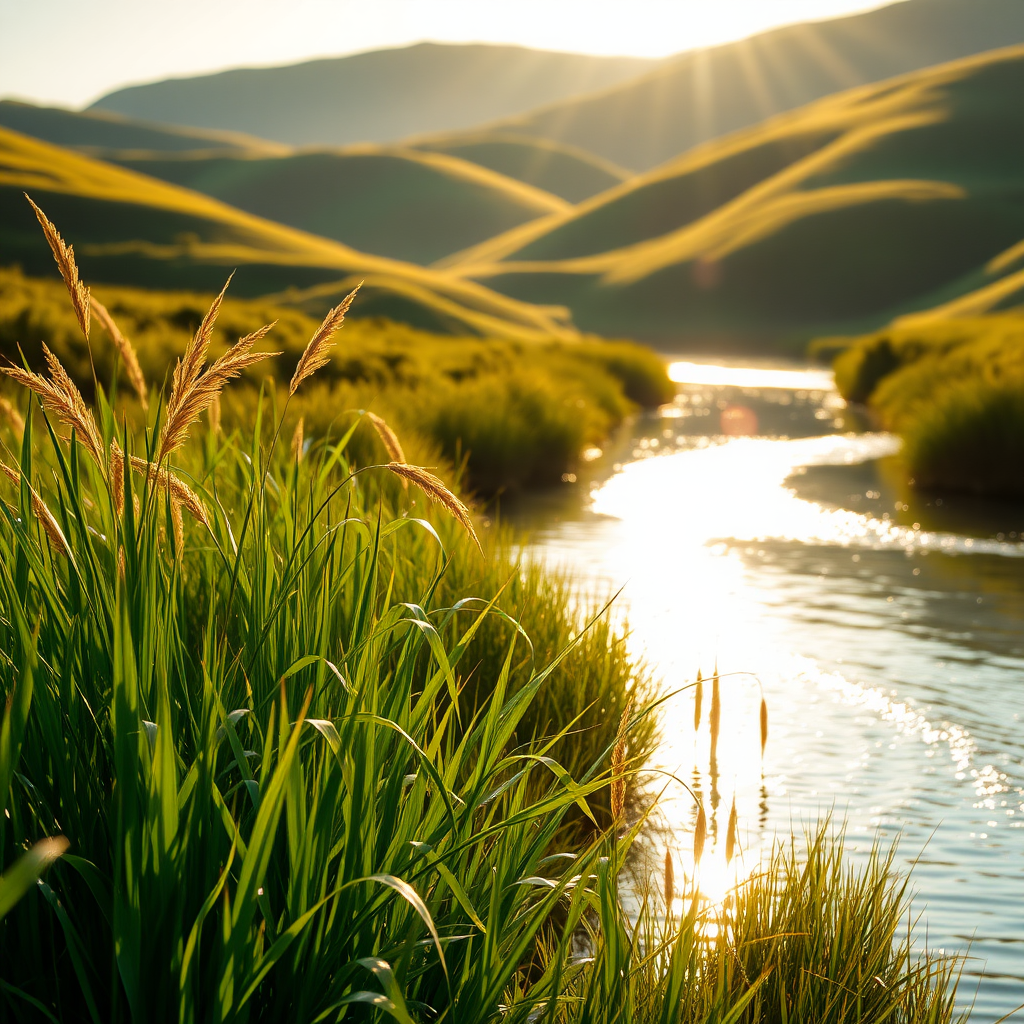 Lush waterway scene at golden hour, impressionistic style. Gentle curves of a shimmering, reflective river, glistening under soft sunlight. Tall, vibrant green grass swaying near the water's edge, with wisps of golden reeds bending in the breeze. The background features rolling hills covered in varying shades of green, casting a serene and tranquil vibe. Sparkling light dancing on the water’s surface creates a dreamy atmosphere. Dominant colors are rich greens and warm golden hues, enhancing the peacefulness of the natural setting.