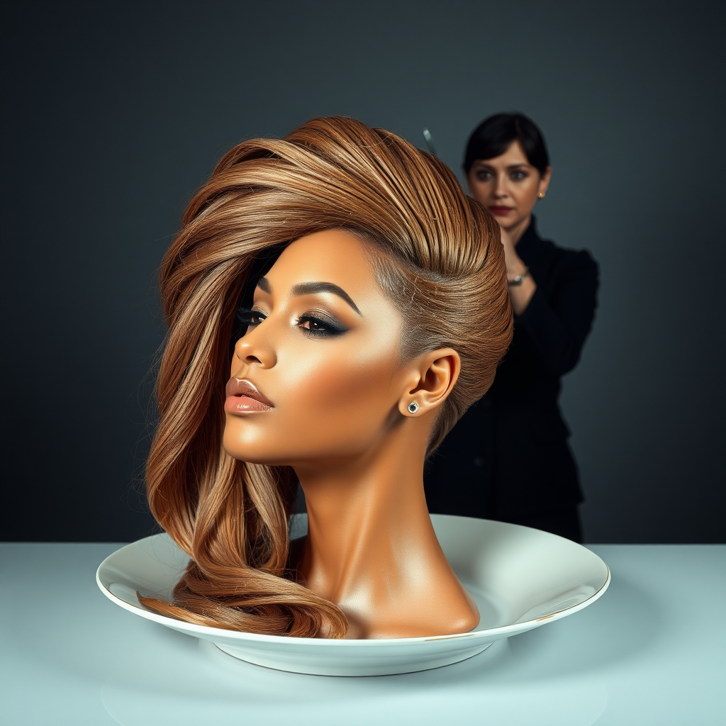 In a surreal and provocative scene, a beautifully tethered, disembodied head of Beyoncé rests gracefully on an elegant porcelain plate, her long, luxurious hair cascading like a waterfall of silky strands around the edges, creating a striking contrast against the stark, muted gray background. The sheen of her skin glows softly, exuding an air of ethereal beauty, while her chin rests delicately on the plate, poised and serene. Behind her, a skilled hairdresser, clad in chic black attire, stands with a focused expression, gently teasing and arranging her magnificent hair with nimble fingers, creating intricate patterns that defy gravity. The atmosphere is oddly intimate yet surreal, blending an appreciation of beauty with an unsettling twist, as soft light casts subtle shadows, enhancing the textures of both hair and porcelain. The air is filled with a quiet stillness, broken only by the subtle sound of the hairdresser’s scissors snipping rhythmically and the faint fragrance of hair products mingling with the cool air, heightening the unusual but captivating atmosphere of the scene.