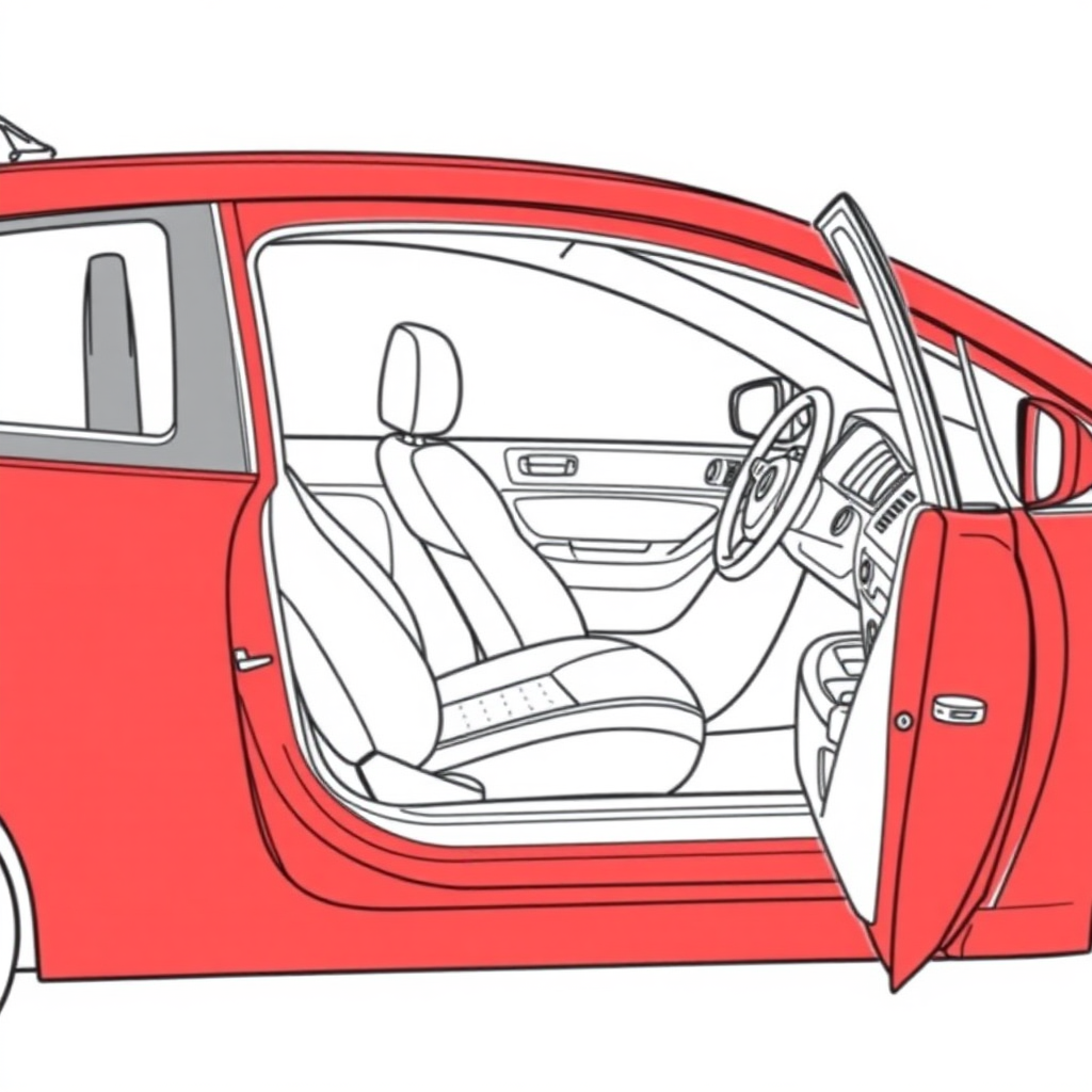 red vw polo II car, driver's door wide open, driving seat visible, long establishing shot, 2D, caricature, cartoon, Sketch lines, coloring book, coloring book style on white background, well composed, clean coloring book page, No dither, no gradient, strong outline, No fill, No solids, vector illustration, realistic proportions, blueprint, left side view