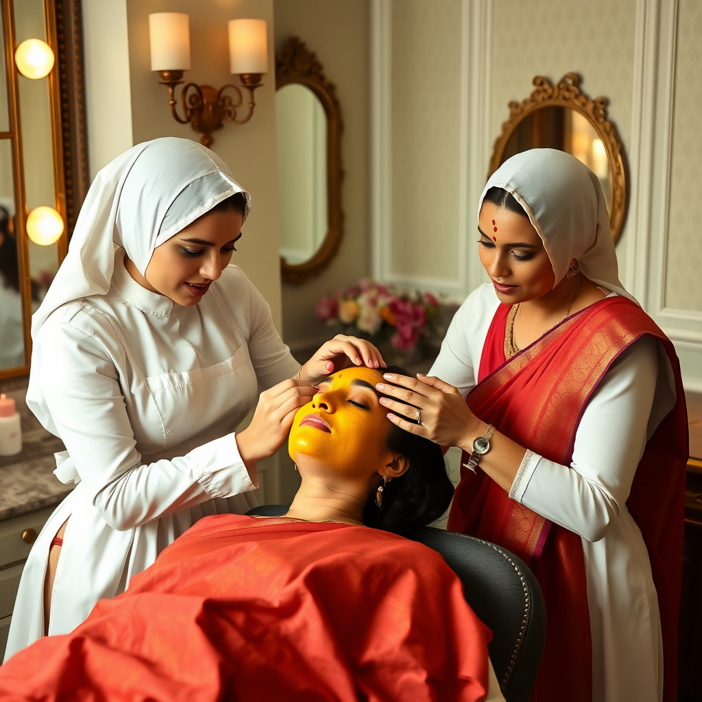 2 French maids with hair covering, working in a beauty parlour, giving a turmeric facial to a wealthy Indian wife.