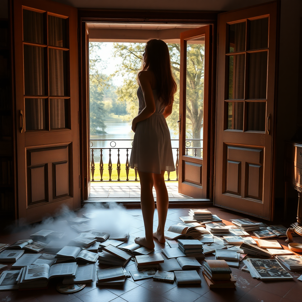 a young woman standing in the open terrace door and looking outside to a beautiful park with a lake and trees. she is wearing a simple dress and is barefooted. long brunette hair with highlights. on the floor behind her in the room there are many disrupted books and magazines. warm light outside, darkness inside. the books and magazines slowly disappear fog on the ground of the room. sun on the terrace. photo