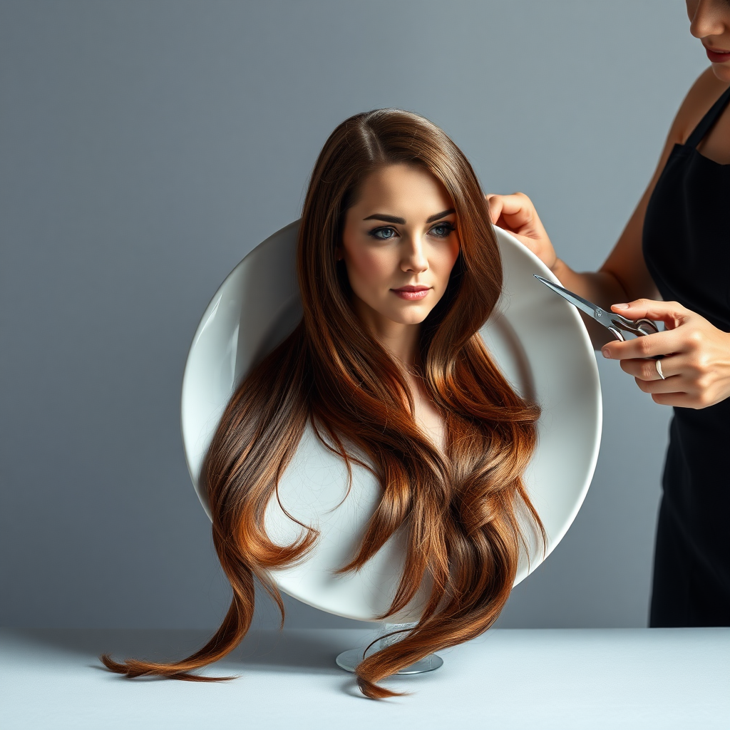 In a strikingly surreal scene, a beautifully crafted porcelain plate holds the disembodied head of a graceful Kate Middleton, her long, flowing hair cascading around like a luxurious waterfall of silky strands, shimmering in various shades of deep chestnut. Each hair seems to catch the light, creating an almost ethereal glow. Nearby, a meticulous hairdresser, dressed in a sleek black apron, carefully snips away at Kate's locks with precision scissors, their actions fluid and deliberate, emphasizing the delicate artistry of the moment.

The setting boasts minimalist decor, with a plain gray background that heightens the focus on this bizarre tableau. Soft shadows play across the smooth surface of the plate, enhancing the haunting beauty of Kate's serene expression, which conveys both elegance and an uncanny sense of stillness. The atmosphere is a blend of surreal calm and unsettling intrigue, pulling the viewer into a dreamlike space where reality and imagination intertwine. Gentle noises of scissors softly clipping away hair are the only sounds in this peculiar yet captivating scenario, heightening the tension and drawing viewers into this striking juxtaposition of beauty and the bizarre.