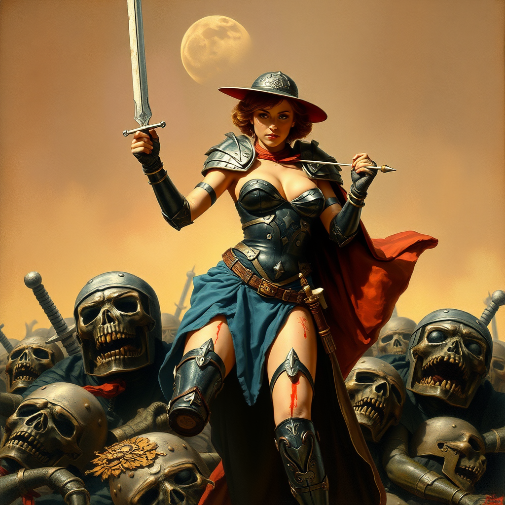 Mary Poppins in skimpy armor. She's surrounded by fallen enemies. She has a blooded sword. The painting is by Frank Frazetta.