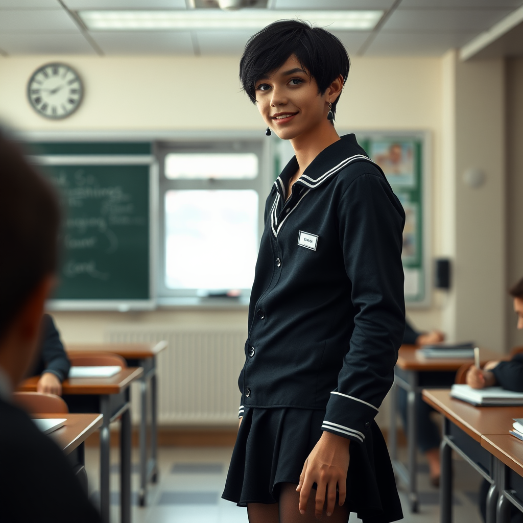 photorealistic, ultra high resolution, 16K, surreal fantasy, soft studio lighting, a pretty 17 year old goth male, slim male physique, short dark hair, blue eyes, goth makeup, earrings, sheer pantyhose, UK girls-school uniform, Mary-Jane shoes, standing in the classroom delivering a talk, excited smile, facing the camera.