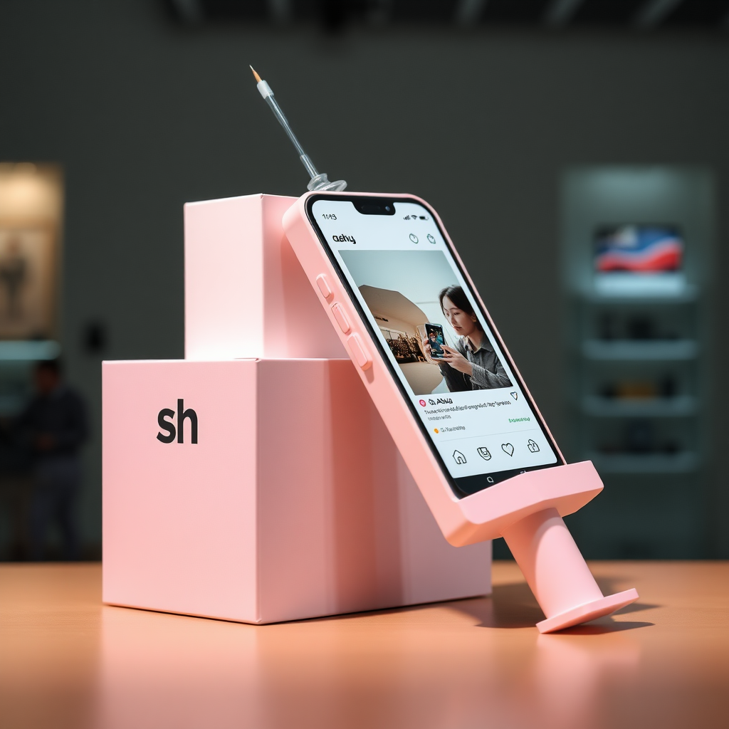 A close-up straight front view of mobile phone in the shape inspired by syringe, white pink futuristic, kept for sale leaning to a box with text Ashu and minimal design, in showroom, touchscreen phone with instagram page open on screen, needle on top, whitepunk,