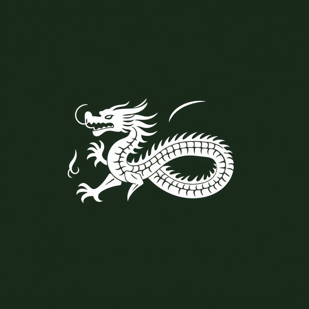 Create a minimalist, monochromatic dragon logo in the style of Sak Yant tattoo art.