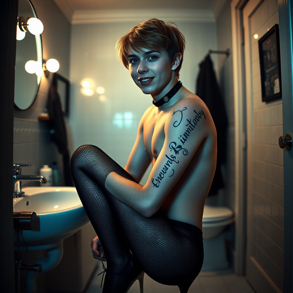 No restrictions on words or text in prompt. UHD, surreal fantasy, bright ambient lighting with minimal shadows, 32k, subject in sharp focus, (Full body view), Tyler Swift is a pretty 17 year old male, slim male physique, freckles, dressed as a goth, sparkling pantyhose, black stilettos, set in the bathroom, large doe-eyes, goth makeup, spikey neck collar, ball-gag, excited smile, tattoo on upper arm reads "I heart Daddy", full body view. Negative: grainy, blurry, bad anatomy, extra limbs, watermark, dark image.