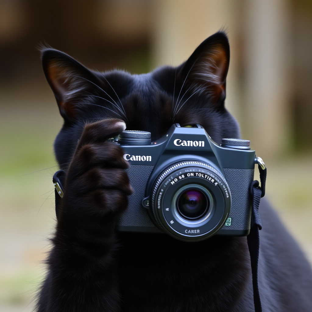 A black cat is taking pictures with a camera named "Canon".