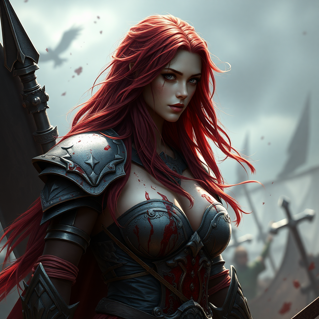 A female warrior with a magnificent bust of the Aasimar race, long loose red hair, partly covered in splashes of blood, heroic fantasy, 16K, photorealistic, the background should be a battlefield.