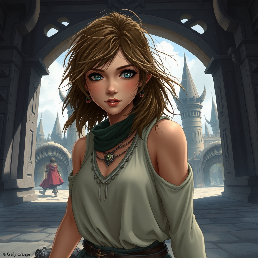 A full body shot of a pretty twenty-something elven female with a face resembling (Ana de Armas) walking through the gates of a horde city with tusks and fang portcullis in World of Warcraft. Messy shoulder-length hair tussled by wind. Ultrarealistic anime style, like (Record of Lodoss War).