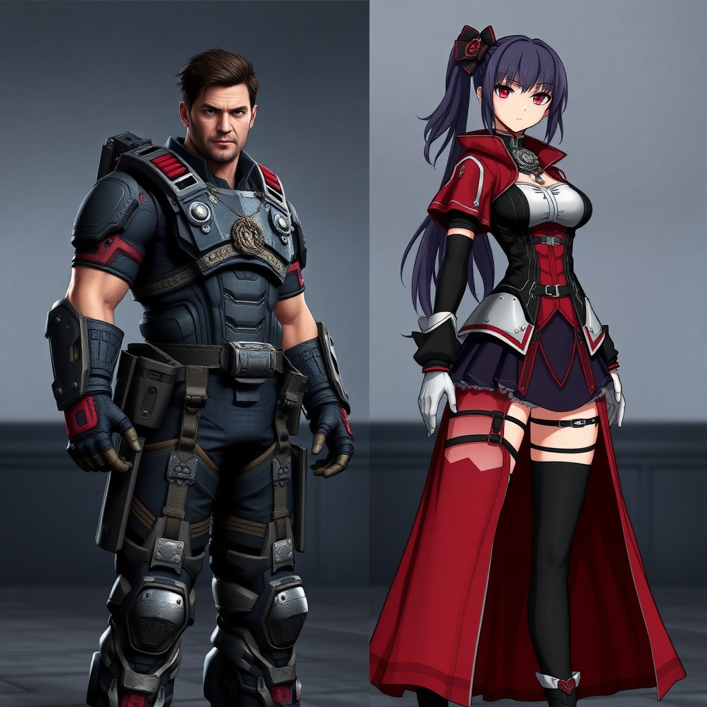 Generate a full-length image of the character Marcus Fenix from Gears of War, but with the body traits of Rin Tohsaka from Fate/stay night. Adjust the body shape to match Rin's while keeping Marcus's core costume. Incorporate embellishments and elements from Rin's outfit into Marcus's costume. The background should be a setting appropriate for both characters.