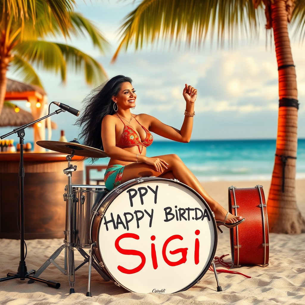 Latin Lady sitting on Drumset on beach with Palms and bar, big bassdrum spelling the words "Happy Birthday Sigi"