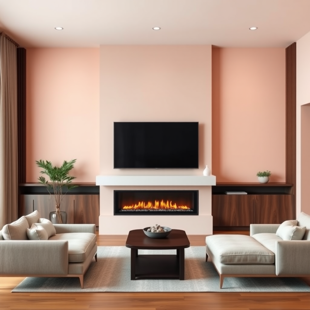 Show me a living room with a linear fireplace, a mantle, and a large TV, all on a light coral colored limewashed wall. Walnut vertical fluted material on either side.