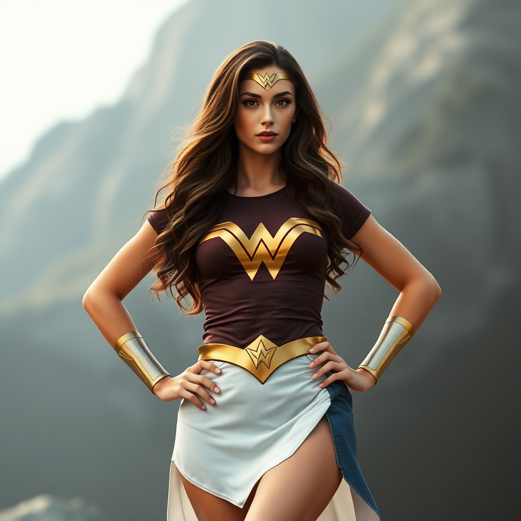 Wonderwoman wearing a t-shirt and skirt. realistic photo