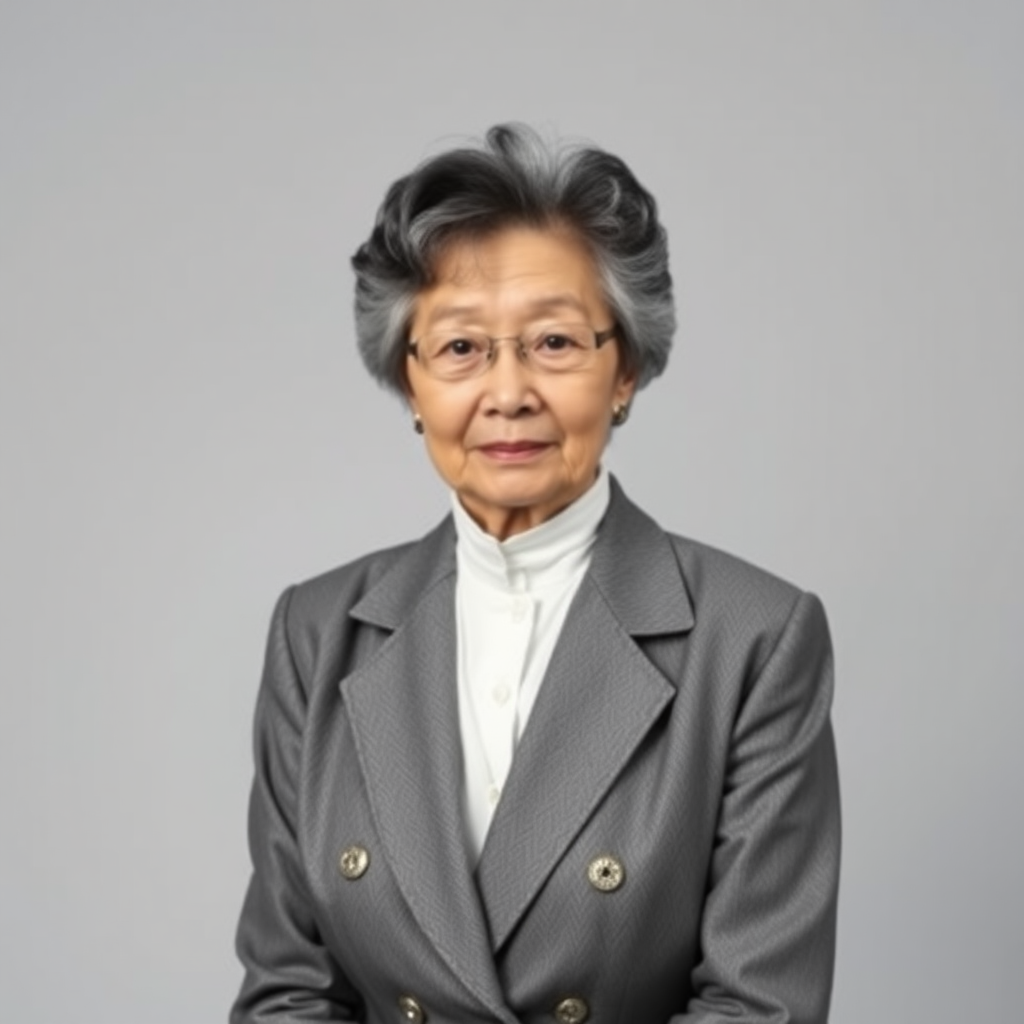 80 age old korean woman, front, woman suit, photo studio background, black and white hair,