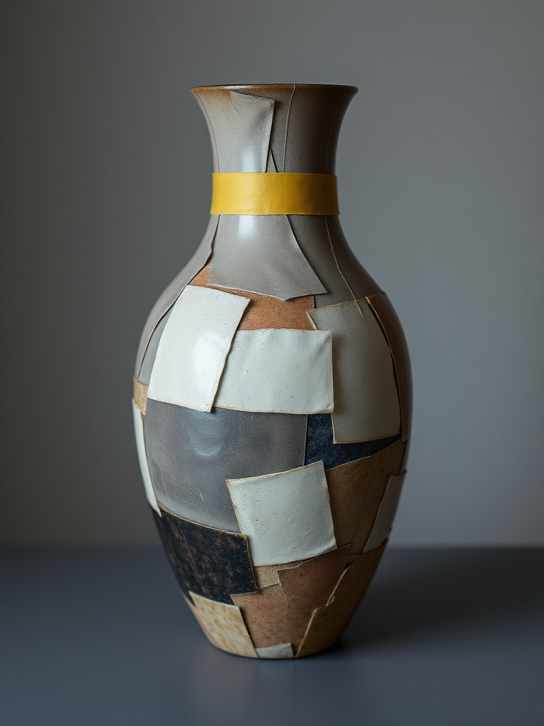 ceramic vase in pieces glued with tape, in soft dark colors, cold aura