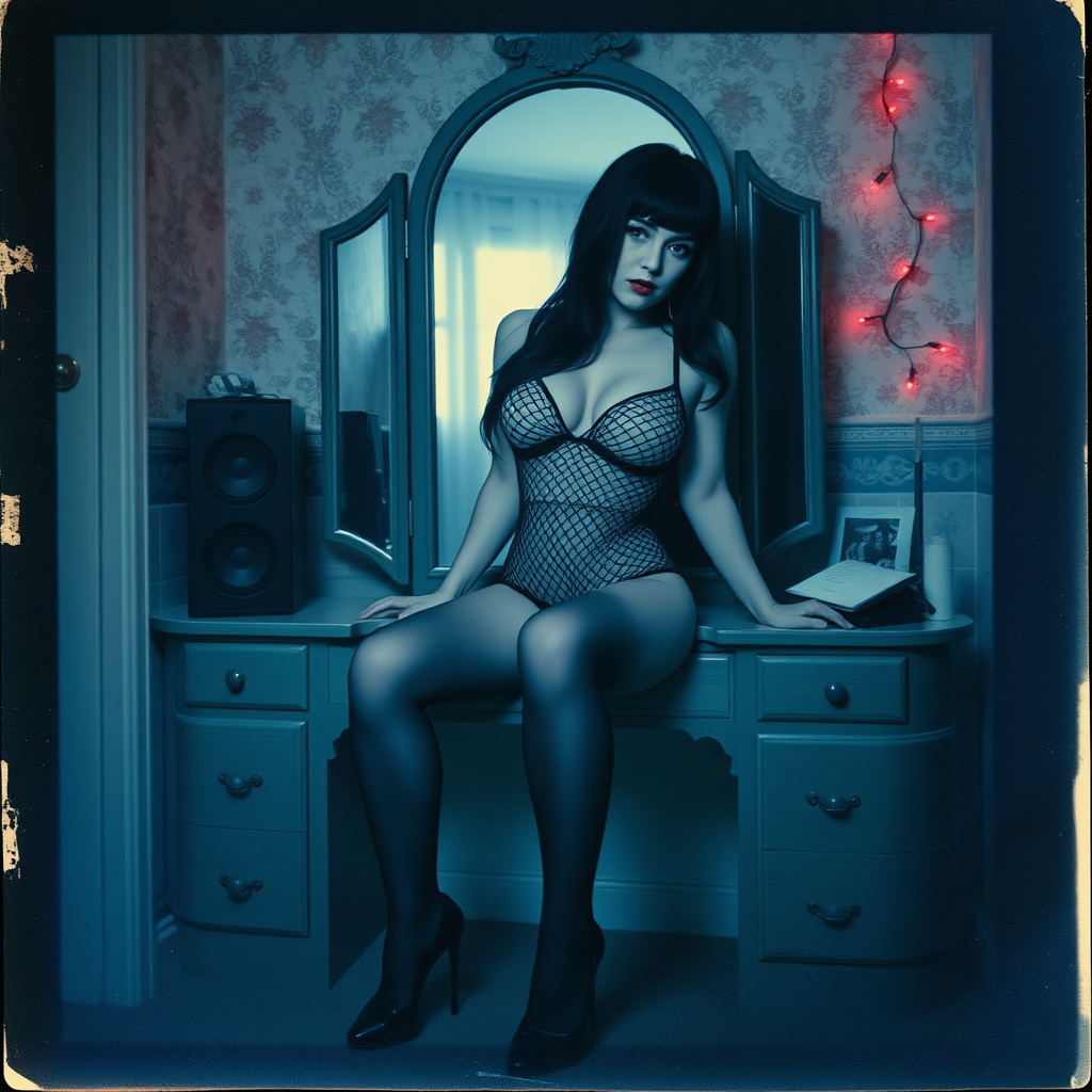 Scan of an nsfw old polaroid photograph with visible wear and heavy vignetting and blue color tint and light leaks, depicting a sexy pale curvy alt goth girl with black hair wearing skimpy fishnet black bodysuit and gstring revealing her nipples and wearing black stockings and high heels, sitting on a builtin vanity with mirror in old house with wallpaper on walls with her knees spread apart. Camera flash used. Dark lighting. Moody and hazy. Grunge look. Erotic. Nude. Pink Christmas Lights on wall.