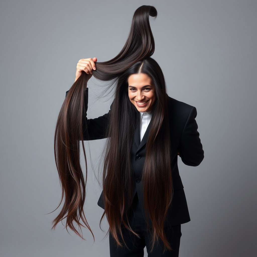 A surreal image of a smiling male magician standing to the side while holding up the disembodied head of a very long haired Meghan Markle by her hair to display it to the camera. He is grabbing her very long hair and pulling it up high in the air, while her head is hanging by her hair from his grasp. Plain gray background.