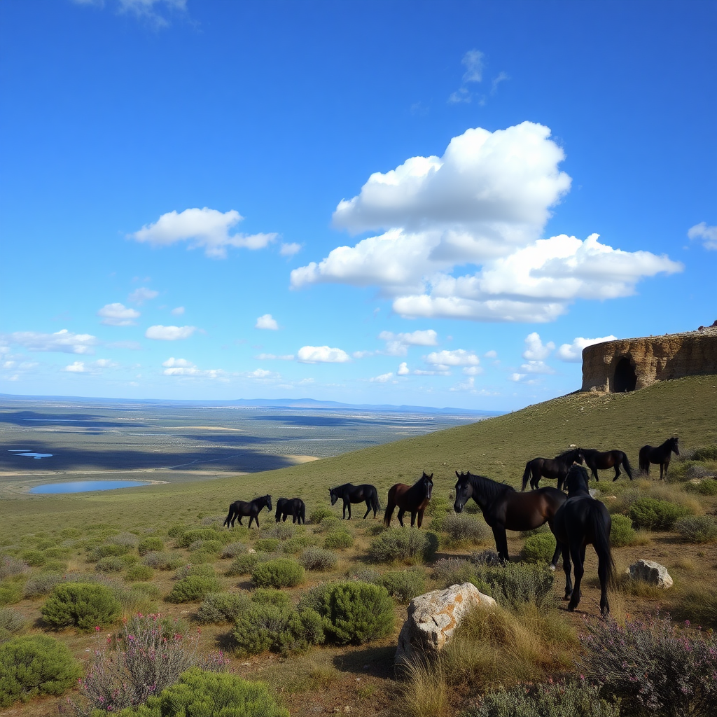 Long high plain with its dark wild ponies, Mediterranean vegetation with cistus, myrtle, oaks, junipers, with ponds and large rocks and blue sky with white clouds.