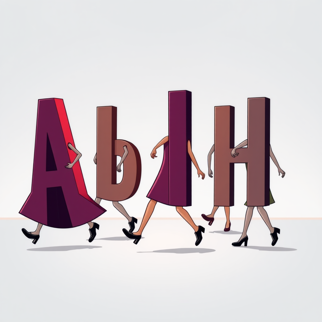 letters of the alphabet with arms and legs walking down a fashion runway