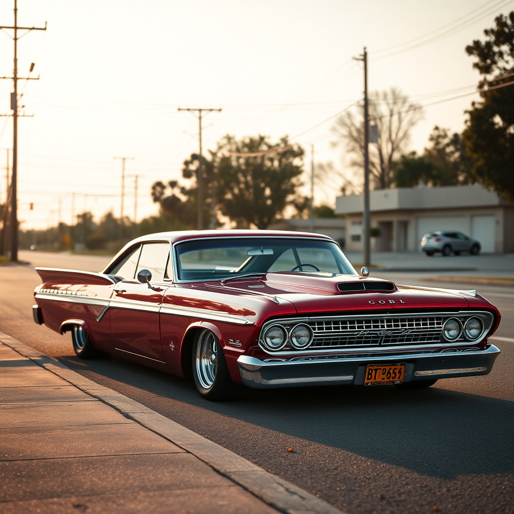 the drag car is parked on the side of the road, inspired by Taiyō Matsumoto, tumblr, restomod, nd4, c4 metallic shine candy red classic american low rider custom ford