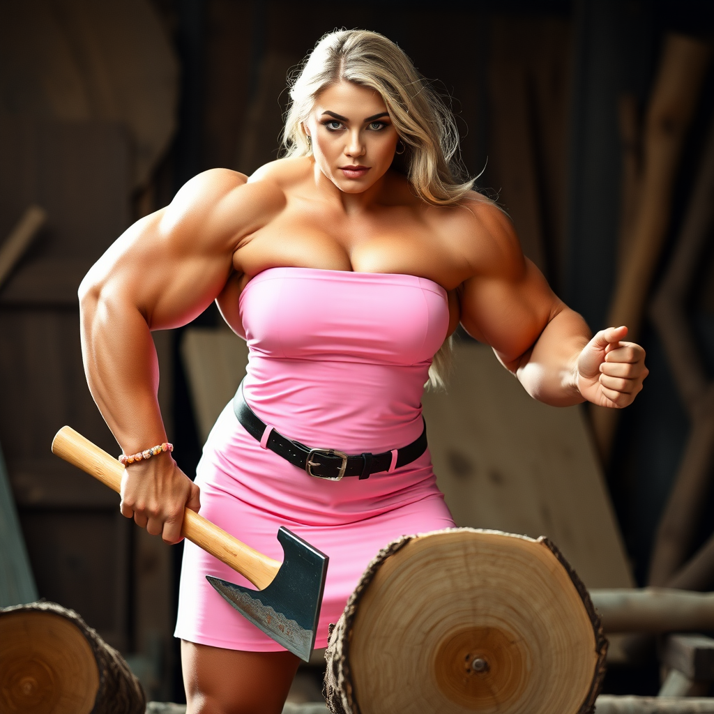 strong massive huge muscular bodybuilder girl, strapless dress, cutting wood with axe