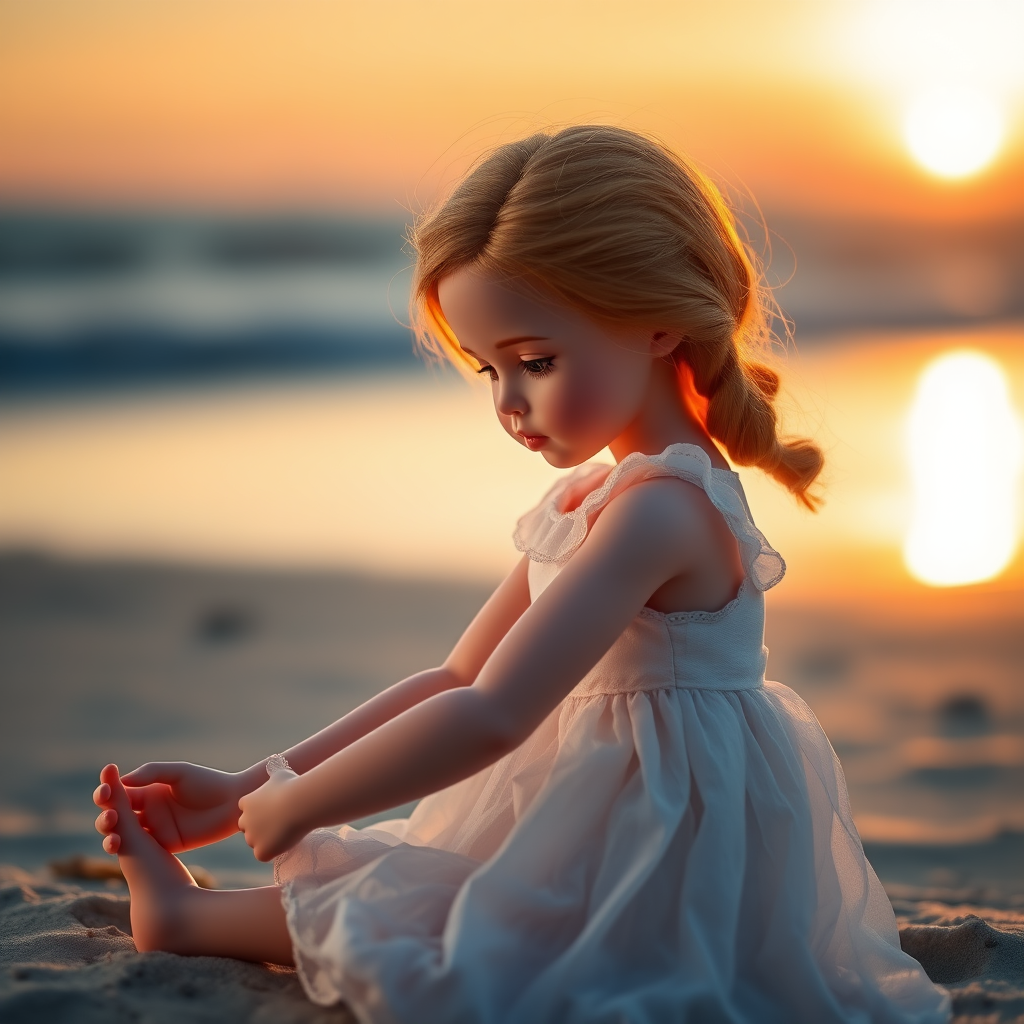 ooak art doll playing on the beach in the evening, blue hour, artist doll, realistic doll, life-like porcelain doll, young preteen girl, unique personality, bisque doll, aesthetic, artistic photography, sunshine, natural, translucent, reflective