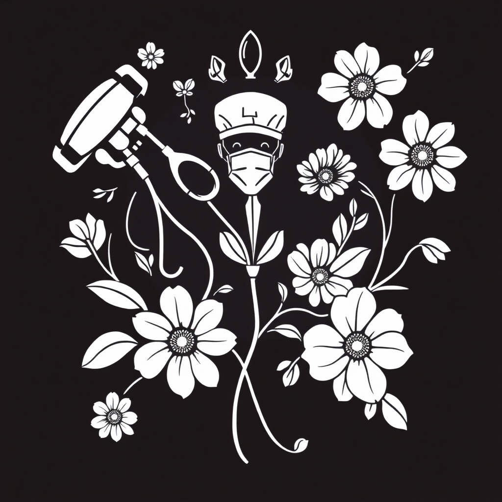 a black on white, line design depicting surgical and floral iconography