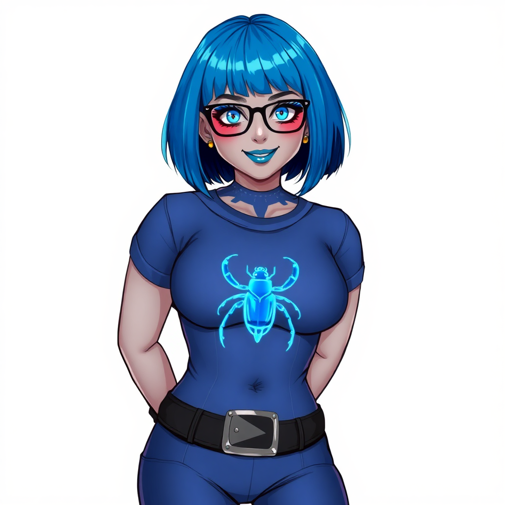 A 28-year-old, full-figured, middle gray metallic-skinned computer program-human hybrid with a maximum blue bob cut. She has a non-athletic build, highlighted by a prominent, round midsection. As a digital sidekick, computer hacker, and nerdy girlfriend to her cyberpunk vigilante boyfriend, her middle gray metallic skin and maximum blue lipstick emphasize her digital nature. She wears a tight-fitting, maximum blue t-shirt with a neon blue beetle chest icon, a black belt with a sapphire scarab buckle, and black gloves. Her bright blue eyes, black eyeglasses, and lovestruck smile with neon red blush accentuate her nerdiness. She stands bashfully with her hands behind her back, her bodysuit covering all her skin and emphasizing her full-figured, non-athletic physique. She is on a solid white background. She is drawn as if she was in a retro 2D cyberpunk fighting game. She is clearly non-athletic, with emphasis on her full-figured and pudgy physique.