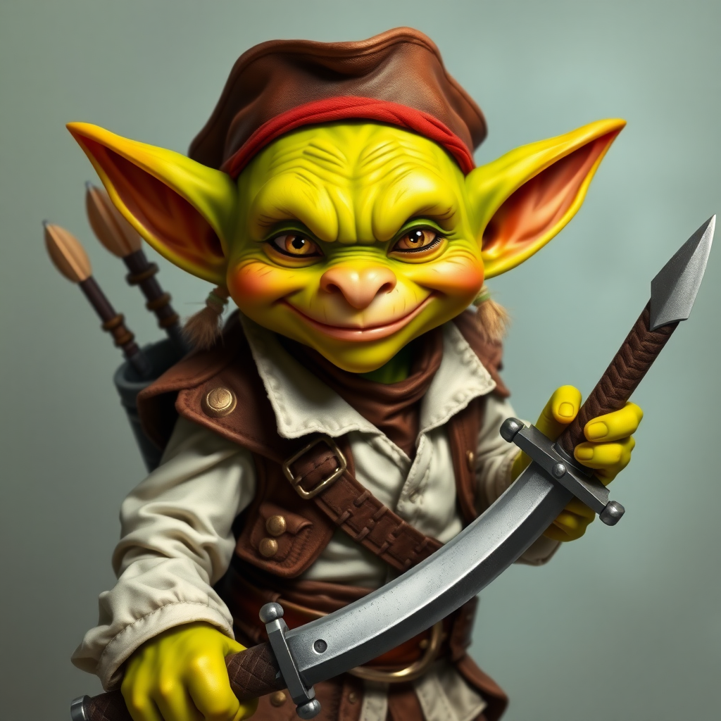 A fantastic goblin-like character with detailed hands and fingers, cute and funny in a pirate costume with a white shirt, brown vest and a large belt with a buckle, holding a sword and with a quiver of arrows on his back.